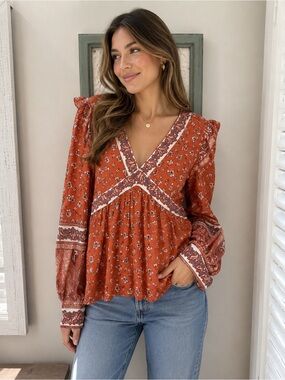 In Loom Boho Floral Babydoll Top Rust Paisley Long Sleeve Small NWT